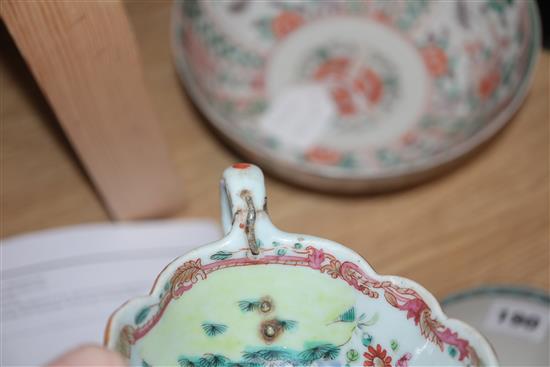 An 18th century Chinese sauceboat and bowl, and a 19th century Japanese Kutani bowl and another largest diameter 31cm